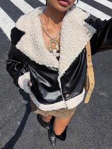 Muchica 女式泰迪熊衬里拉链大领机车夹克（秋冬款） - 黑色 - 查看 6