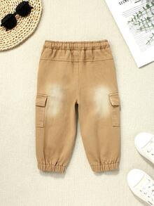 SHEIN Playful Pals Baby Boy Casual All-Match Versatile Comfortable Elastic Waist Washed Denim Jeans - Khaki - View 2