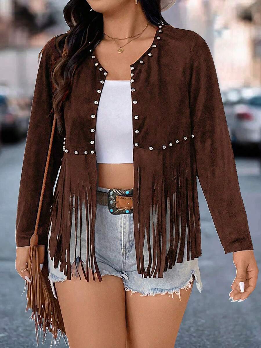 EMERY ROSE Plus Size Jacket With Front Bubble Beads And Tassel Hem, Long Sleeve - Rust Brown - View 1