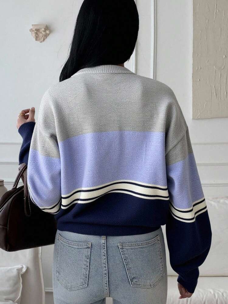 Contrast Stripe Loose Long Sleeve Round Neck Casual Cardigan For Women, Autumn/Winter