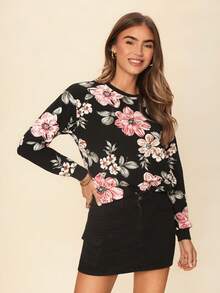 Coeurva Blommigt tryckt sweatshirt med nedhängda axelband, långärmade toppar för höst/vinter - Multifärgad - Visa 2