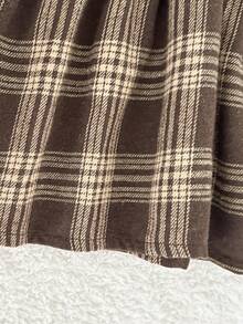 Playful Pals 女婴休闲圆领束腰蝴蝶结格子双面羊毛开衫连衣裙，秋冬 - 棕色 - 查看 4