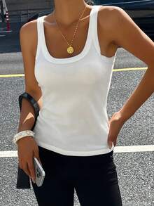 DAZY Women's Solid Color Round Neck Ribbed Slim Fit Casual Camisole - White - View 6