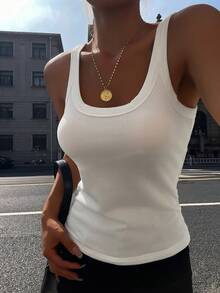 DAZY Women's Solid Color Round Neck Ribbed Slim Fit Casual Camisole - White - View 9