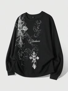 ROMWE MEN Spring Casual Graphic Men'S Gothic Cross Print Waffle Fabric Pullover Sweatshirt, Autumn/Winter - Black - View 6