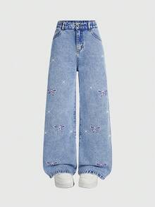 SHEIN Teen Girls' Straight Leg Jeans,Blue Y2K Denim,Summer Sweet 16 Back-To-School,Bow Embroidery Rhinestone Decor Relaxed Fit Cotton Elastic Waistband - Medium Wash - View 3