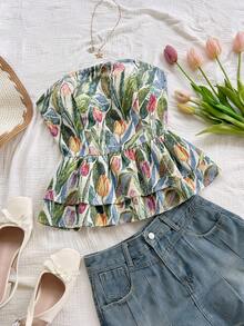 Soleia 新款女士返校季休闲度假装，适合西部海滩、婚礼宾客、毕业典礼、早午餐、圣帕特里克节、春假、复活节、音乐节等场合。优雅波西米亚热带风情无肩带露背荷叶边复古抹胸上衣，花朵图案，适合春季穿着。情人节夏季可爱上衣，热带风情，夏季休闲花朵抹胸。 - 彩色 - 查看 6