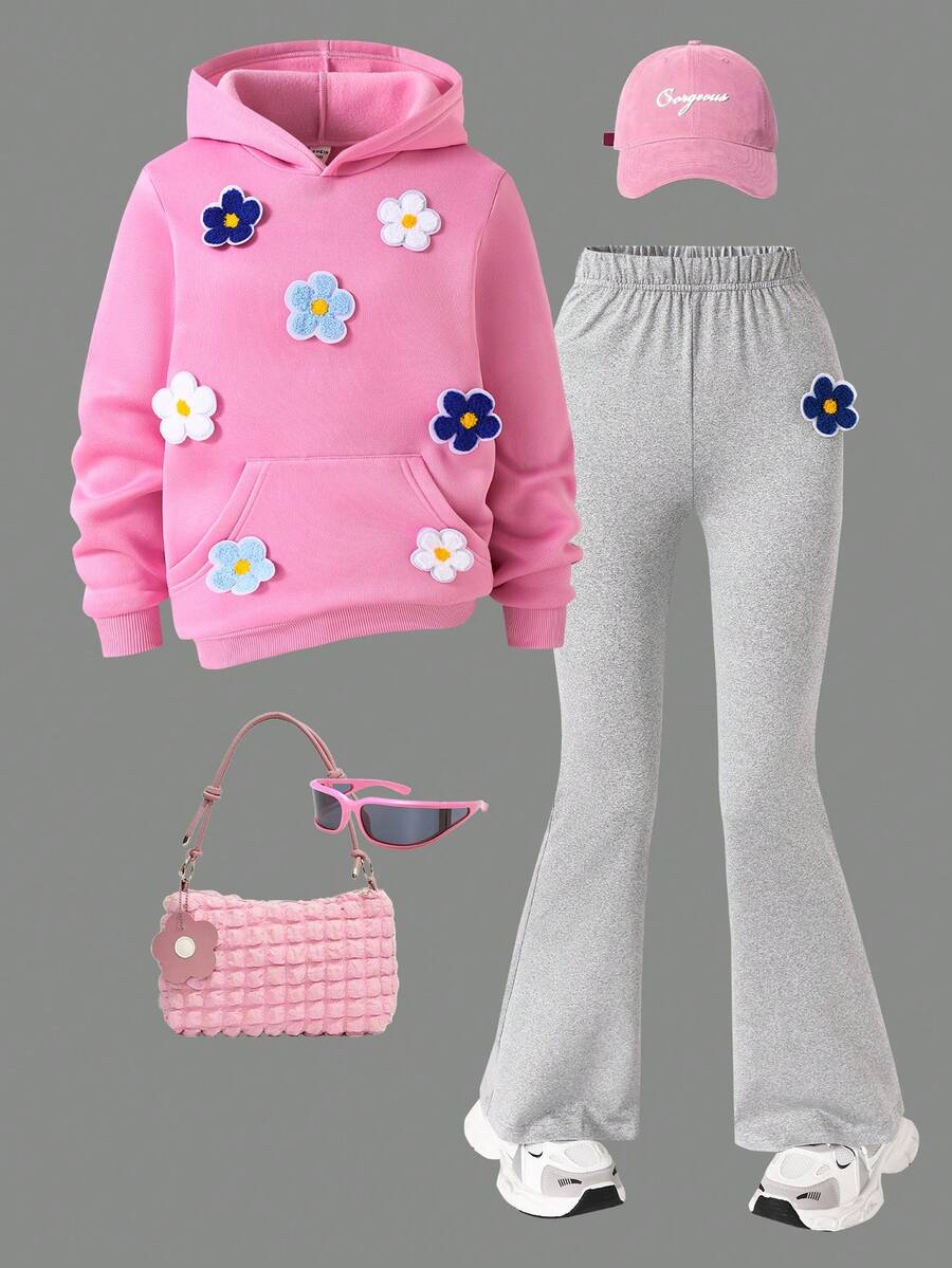 Conjunto informal de 2 piezas de niña preadolescente con sudadera con capucha de manga larga con decoración floral y pantalones acampanados, para otoño/invierno - Rosa - Ver 1