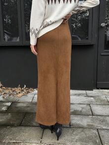 Elyressa 女士仿皮与天鹅绒拼接修身连体半身裙，法式优雅风格 - 棕色 - 查看 2