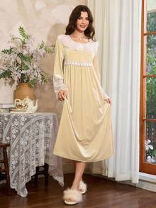 Côtesoire Camisón elegante de mujer con estilo francés, con volantes de encaje y contraste de color, para otoño e invierno - Albaricoque - Ver 6