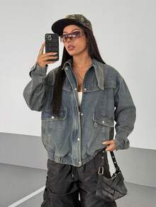 StreetHx 女式休闲水洗拉链落肩牛仔夹克，秋季 - 藍色 - 查看 7