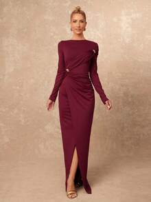 Lumalex 女士优雅红色露肩长袖修身连衣裙，金属装饰纽扣，褶饰设计和开衩，春秋 - 紅色 - 查看 5