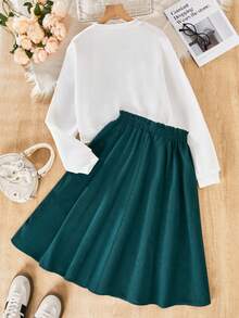 Teen Girls Graphic Sweatshirt And Elastic Waist Button Skirt Set - Dark Green - View 2