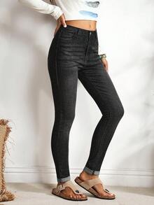 EMERY ROSE SpringHigh Waist Ripped Skinny Jeans Women Jeans High Waisted - الأسود - مشاهدة 5