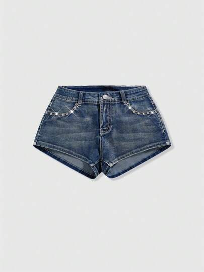 ROMWE Avant Short en jean sexy Baddie Vantage Y2K pour femme avec broderie perlée et notes de musique