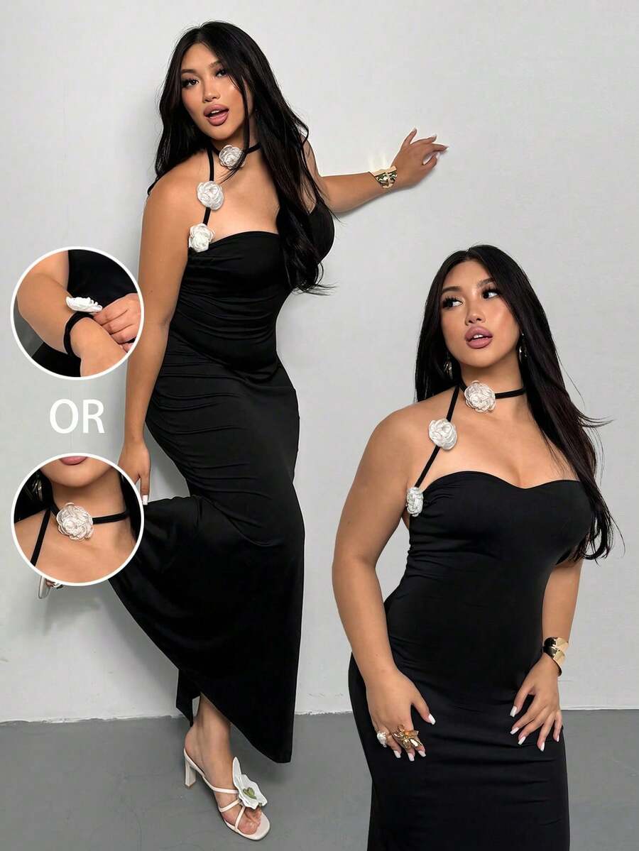 Firerie Elegantes, romantisches Date Night, sexy Party, moderner Retro-Farbblock 3D Blumen-Spaghettiträger-Bodycon-Meerjungfrau-Maxikleid mit Rückenschlitz, geeignet für Valentinstag, Geburtstag, Hochzeit, Sommer, Musikshow, formelle Anlässe, Arbeit, Schulanfang, Urlaub, Strand, Bürodame, Meerjungfrau-Stil, Geburtstagsparty, Große Größen - Schwarz - Übersicht 1