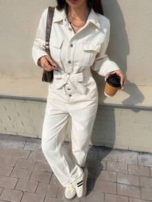 Rivivi Women's Casual Everyday Commute Fashion Street Flap Pocket Belted Loose Denim Jumpsuit - Apricot - View 4