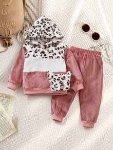 2pcs Baby Girls Leopard Patchwork Fleece Sweatshirt Set, Pink Contrast Color Hoodie And Pants, Fashionable Casual Outfit - Multicolor - View 1