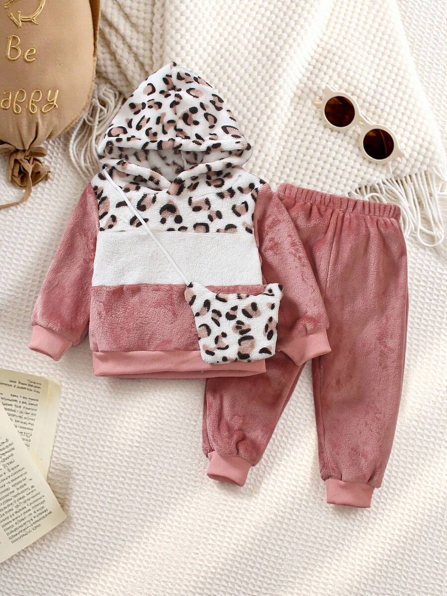 2pcs Baby Girls Leopard Patchwork Fleece Sweatshirt Set, Pink Contrast Color Hoodie And Pants, Fashionable Casual Outfit - Multicolor - View 1