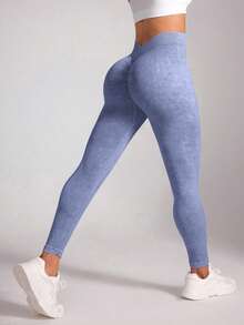 Easithlete 女士纯色简约无缝紧身裤，日常穿着 - 藍色 - 查看 2