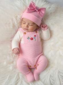 SHEIN 新生女婴粉色毛衣连体衣，吊带款式，绣花袜子设计，时尚优雅的连体衣 - 粉色 - 查看 1