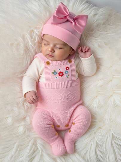 SHEIN Pelele de bebé recién nacido niña con suéter rosa, estilo de tirantes con diseño de calcetines bordados, body elegante y de moda