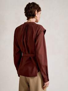 SHEIN Stylify Women's Autumn/Winter Linen Blend Cinched Waist Single-Breasted Shirt Dress With Belt, Casual Midi Dress In Brown, Suitable For Business Meetings, Weddings, Galas, Commuting, Graduations, Holidays, Dates, Parties - Brown - View 2