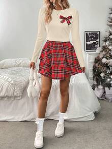Chiquease 2pcs/Set Fitted Red Plaid Bow Accent Outfit, Suitable For Christmas, Autumn/Winter - Beige - View 4