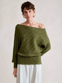 SHEIN Stylify Elegante suéter de cuello redondo con mangas de murciélago a rayas verdes, adecuado para el transporte en otoño/invierno - Verde - Ver 3