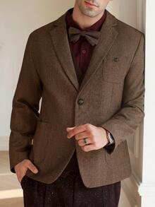 Calvornis 男士时尚正式派对单排扣撞色翻领长袖卡其色西装外套 - 咖啡棕 - 查看 3