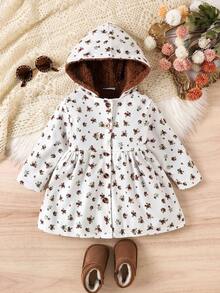 SHEIN Toddler Girls' Sweet Ditsy Floral Hooded Thick Casual Minimalist Jacket, Autumn/Winter - Apricot - View 4