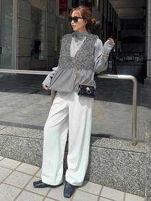 FRIFUL 女式黑色无袖拼接毛绒面料褶皱设计宽松休闲百搭分层背心，秋季 - 灰色 - 查看 2