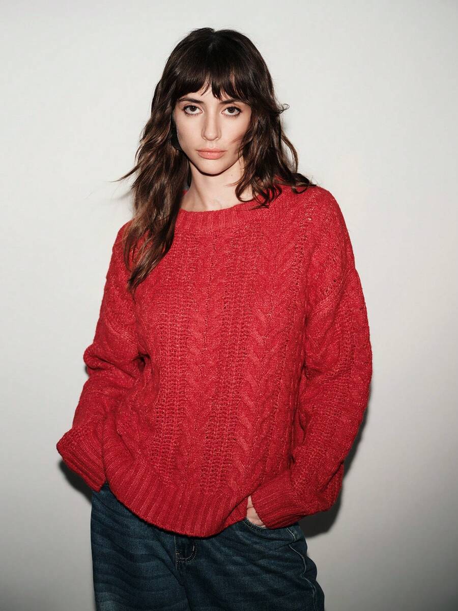 SHEIN LUNE 2025 Women's Autumn Red Oversized Sweater,Chunky Cable Knit Fashion Retro Style Holiday Christmas Everyday Knit Sweater - Red - View 1