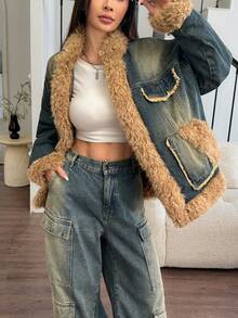 Rivivi Women's Retro Frayed Hem Fashionable Drop Shoulder Long Sleeve Warm Denim Jacket With Thermal Lined, Winter - Blue - View 6