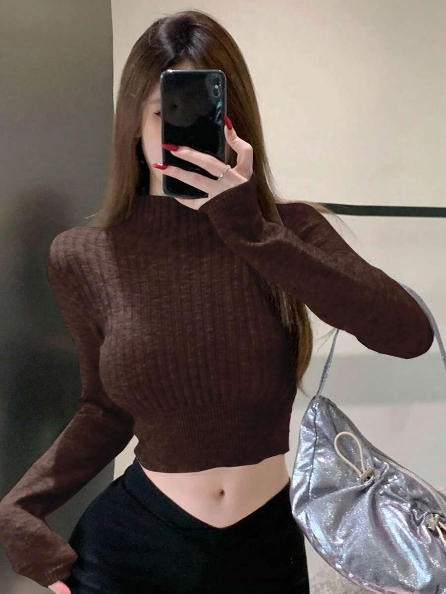 DAZY 女士高领短款修身休闲套头毛衣 Y2k