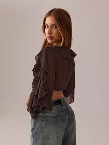 SHEIN SXY Black Top;Fall Women Clothes;Crop Tops;Holiday Costume Party Gathering Black Mesh See-Through Lotus Leaf Strap Deep V Neck Women Sexy Long Sleeve Shirt Brown Blouses Ruffle Tops Sexy Blouses Dark Brown Top Chocolate Brown Top - Brown - View 2