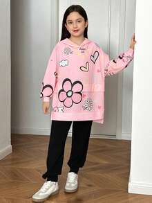 SHEIN 青少年女孩休闲运动学院街头涂鸦卡通英文口号印花宽松落肩超大长袖连帽衫和针织紧身慢跑裤 2 件套 - 淺粉色 - 查看 6