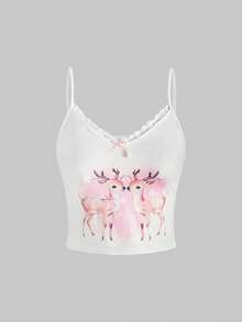 ROMWE Kawaii Conjunto de pijama de camiseta de tirantes y pantalones cortos con encaje y diseño de ciervos lindos y dulces - Albaricoque - Ver 3