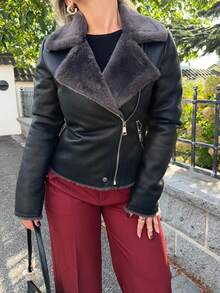 Jeta Ari Black PU Leather Faux Rabbit Fur Collar Jacket For Women - Black - View 3