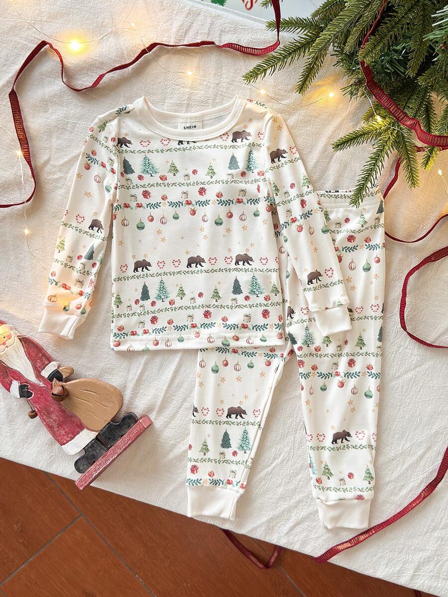 SHEIN Vintaside Kids 2 pièces Ensemble de pyjama ajusté pour bébé garçon avec Top à manches longues et pantalon, imprimé ours cadeau nœud papillon, couleur abricot