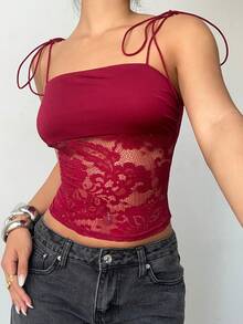 Aloruh 女士新款纯色酒红色蕾丝吊带背心，蝴蝶结肩带，Y2K 短款上衣，性感优雅 - 酒紅色 - 查看 4