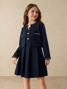 青少年女孩优雅别致的时尚中式立领长袖短款粗花呢夹克搭配圆领无袖高腰短裙套装，适合返校、毕业、正式场合、万圣节、圣诞节、秋冬 - 藏蓝色 - 查看 3