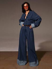 Denim Mono vaquero de manga larga con bolsillo, de unicolor y casual para mujer - Azul lavado oscuro - Ver 3
