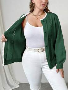 SHEIN Clasi 大码女式纯色蕾丝宽松休闲开衫，秋冬 - 墨綠色 - 查看 6