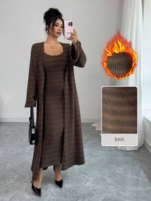 Modelyn 女士针织条纹开衫和吊带裙两件套，适合秋冬季外出约会 - 棕色 - 查看 1