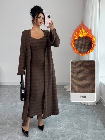 Modelyn 女士针织条纹开衫和吊带裙两件套，适合秋冬季外出约会