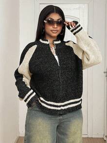 Maweii 大码女式撞色条纹插肩袖休闲拉链针织开衫，秋冬 - 黑色 - 查看 3