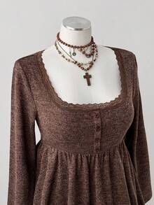 Sunspun Áo len peplum lông nhân tạo cổ vuông tay dài co giãn cao cỡ lớn mùa thu/đông, màu nâu cà phê, cổ điển thanh lịch cho các buổi hẹn hò và tụ tập - Cà phê nâu - Xem 5