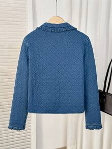 Comfortcana 女士秋季拼接荷叶边领长袖系带休闲牛仔外套，绗缝牛仔外套，荷叶边彼得潘领和系带设计，休闲时尚绗缝外套，冬季女装，新年圣诞节女装，格子外套，方格外套，保暖内衬，厚实保暖牛仔外套 - 中等水洗藍 - 查看 2