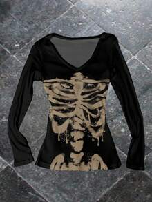 Attitoon 女士V领修身长袖骷髅印花休闲T恤，适合机场等场合穿着。 - 黑色 - 查看 6
